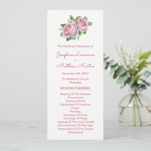 Roze Rozen Waterverf Trouwprogramma's Programmakaart (Staand voorkant)