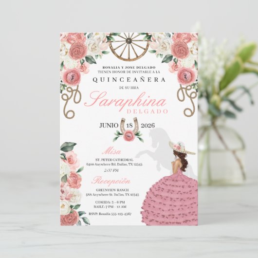 Roze Rozen Western Mariachi Cowgirl Quinceañera Kaart (Staand voorkant)