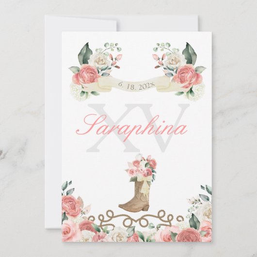 Roze Rozen Western Mariachi Cowgirl Quinceañera Kaart (Achterkant)