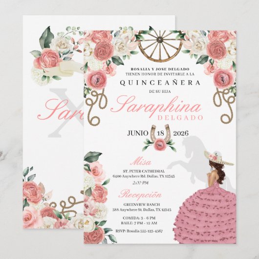 Roze Rozen Western Mariachi Cowgirl Quinceañera Kaart (Voorkant / Achterkant)