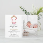 Roze Rozen Wit Kruis Baby Peuter Foto Doop Kaart (Staand voorkant)