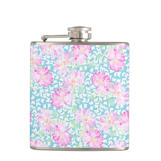 Roze rozen Witte Butterflies Sky Blue Hip Flask Heupfles (Voorkant)