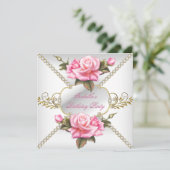  roze rozen witte goudfeest kaart (Staand voorkant)