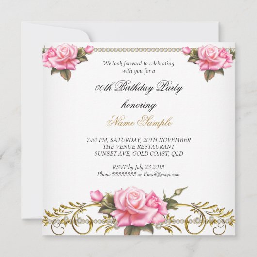  roze rozen witte goudfeest kaart (Achterkant)