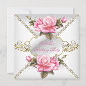  roze rozen witte goudfeest kaart (Voorkant)