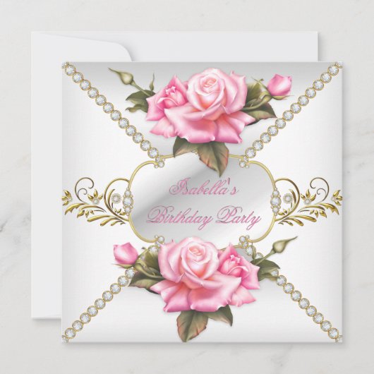  roze rozen witte goudfeest kaart (Voorkant)