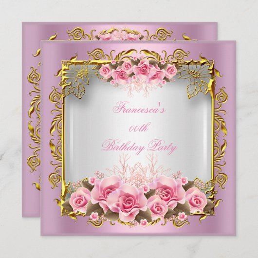  roze rozen witte goudfeest kaart (Voorkant / Achterkant)