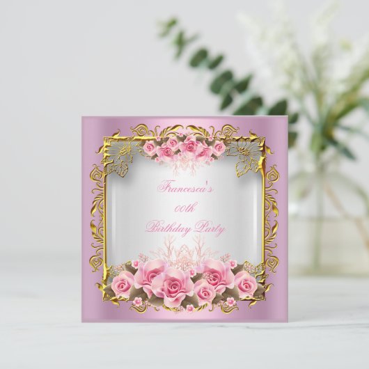  roze rozen witte goudfeest kaart (Staand voorkant)