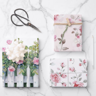 Roze Rozen Witte Hek Bruidsdouche Inpakpapier Vel