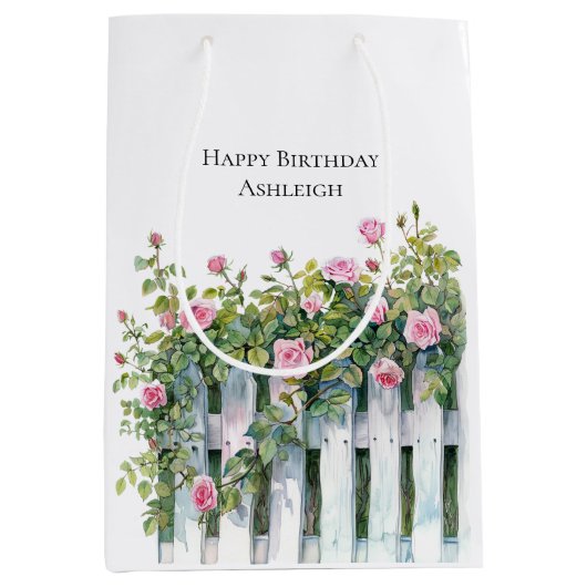Roze Rozen Witte Hek Geboortedag Medium Cadeauzakje (Voorkant)