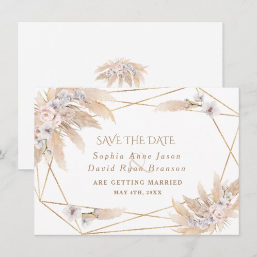 Roze rozen witte orchidee pampas grass Gold Weddin Save The Date (Voorkant / Achterkant)