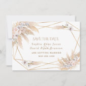 Roze rozen witte orchidee pampas grass Gold Weddin Save The Date (Voorkant)