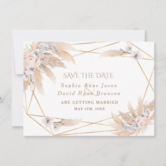 Roze rozen witte orchidee pampas grass Gold Weddin Save The Date (Voorkant)