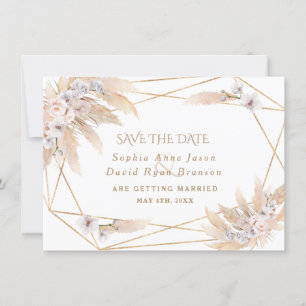 Roze rozen witte orchidee pampas grass Gold Weddin Save The Date