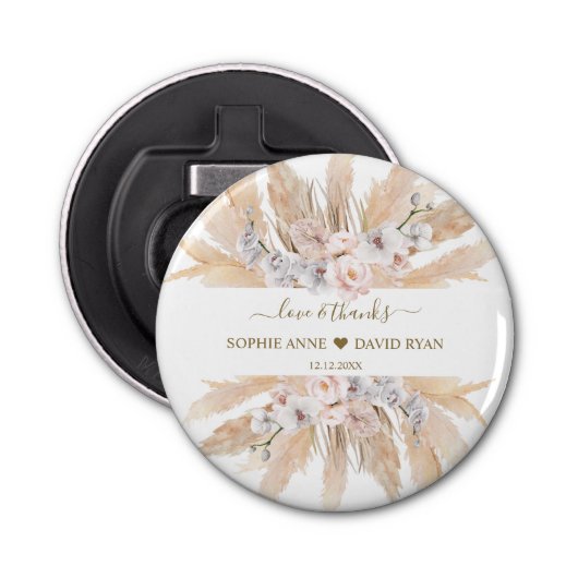 Roze rozen witte orchidee pampas grass Wedding Button Flesopener (Voorkant)