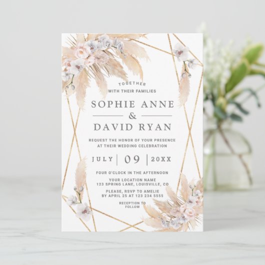 Roze Rozen Witte Orchidee Pampasgras Gouden Bruilo Kaart (Staand voorkant)