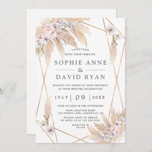 Roze Rozen Witte Orchidee Pampasgras Gouden Bruilo Kaart (Voorkant / Achterkant)