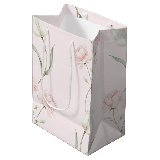 Roze Rozen Witte Tulpen Bruidsborrel Medium Cadeauzakje (Voorkant Gekanteld)
