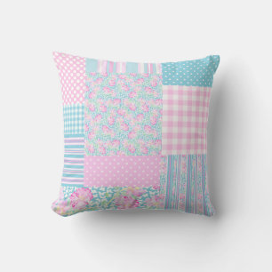 Roze Rozen Witte Vlinders Blauw Faux Patchwork Kussen