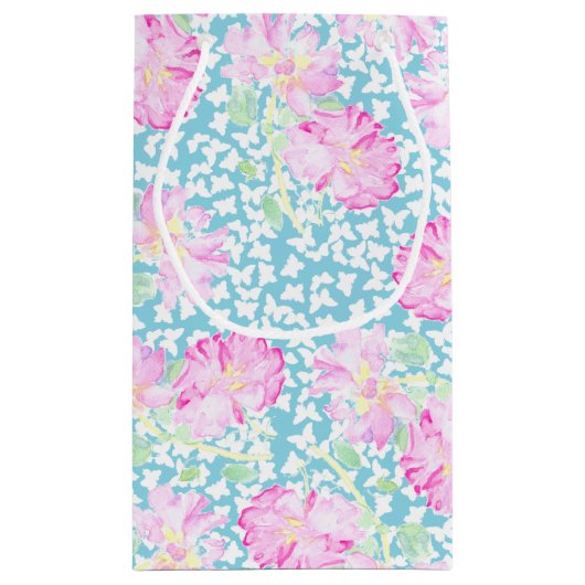 Roze Rozen Witte Vlinders, Blauw Kleine Gift Bag Klein Cadeauzakje (Achterkant)