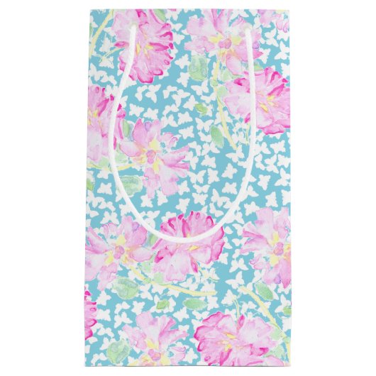 Roze Rozen Witte Vlinders, Blauw Kleine Gift Bag Klein Cadeauzakje (Voorkant)