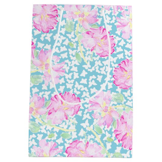 Roze Rozen Witte Vlinders, Blauw Medium Gift Bag Cadeauzakje (Achterkant)