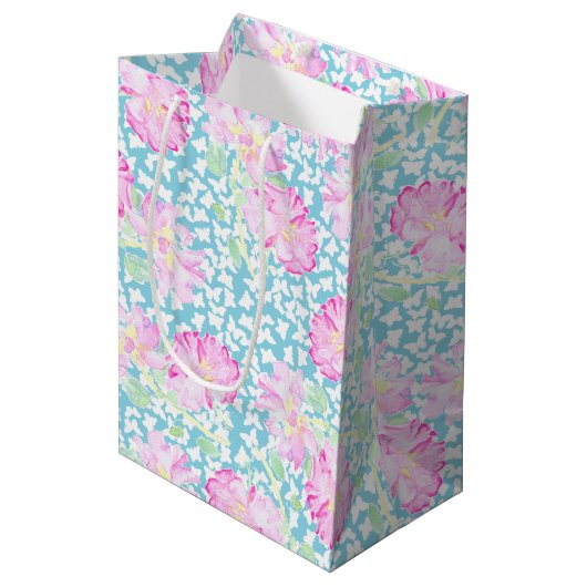 Roze Rozen Witte Vlinders, Blauw Medium Gift Bag Medium Cadeauzakje (Voorkant Gekanteld)