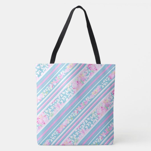 Roze rozen, witte vlinders en bijpassende strepen tote bag (Voorkant)