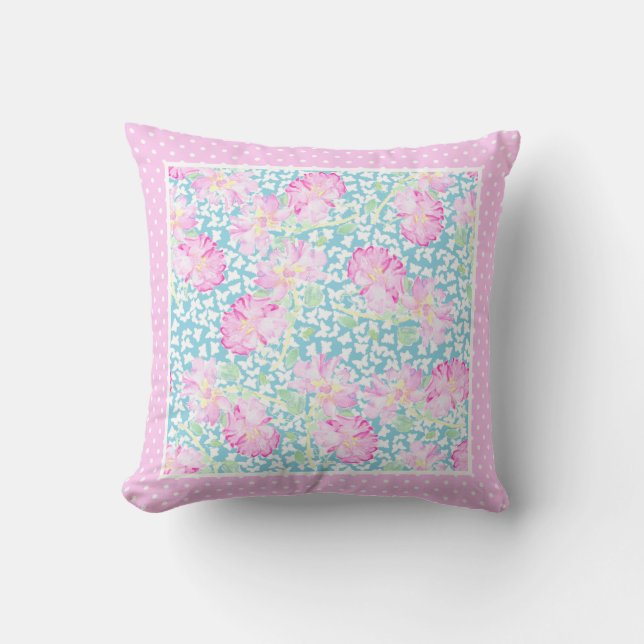 Roze rozen, witte vlinders op blauw, pooldots kussen (Voorkant)