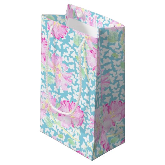 Roze Rozen Witte Vlinders op Blauwe Gift Bag Klein Cadeauzakje (Voorkant Gekanteld)