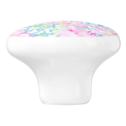 Roze rozen, witte vlinders op blauwe keramische kn keramische knop (Zijkant)