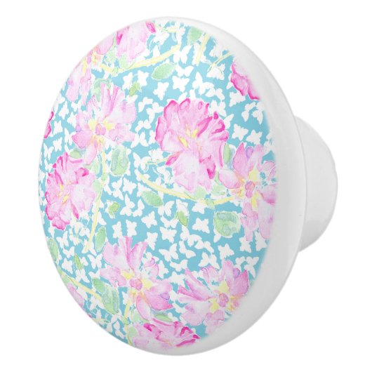 Roze rozen, witte vlinders op blauwe keramische kn keramische knop (Rechts)