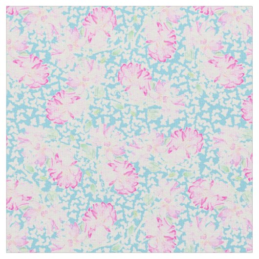 Roze Rozen Witte Vlinders op Sky Blue Fabric Stof (Close Up)