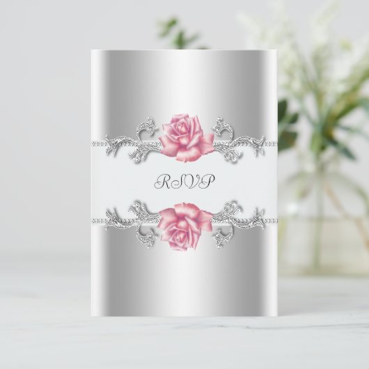 Roze Rozen Zilver 25e bruiloft Jubileum RSVP (Staand voorkant)