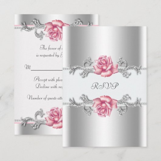 Roze Rozen Zilver 25e bruiloft Jubileum RSVP (Voorkant / Achterkant)