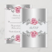 Roze Rozen Zilver 25e bruiloft Jubileum RSVP Kaartje (Voorkant / Achterkant)