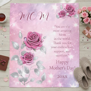 Roze Rozen Zilver Bladeren Sprankelende Moeder's Fleece Deken