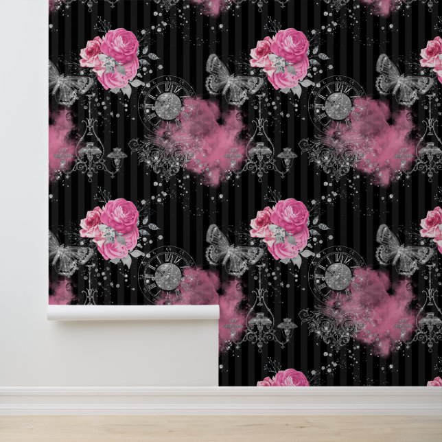 Roze Rozen Zilver Glitter Butterfly Black Stripes Behang (Applicatie)