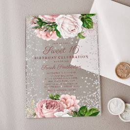 Roze Rozen zilver Glitter Sweet 16 Acryl Uitnodigingen