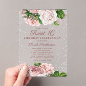 Roze Rozen zilver Glitter Sweet 16 Acryl Uitnodigingen (Insitu (Draagbaar))