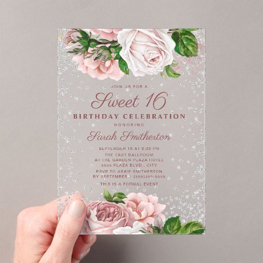 Roze Rozen zilver Glitter Sweet 16 Acryl Uitnodigingen (Insitu (Draagbaar))