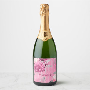 Roze Rozen Zilver Glitter Vlinder Sparkling Wijnetiket