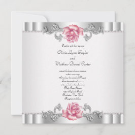 Roze Rozen Zilver Wit Roze Elegante Trouwdag Kaart