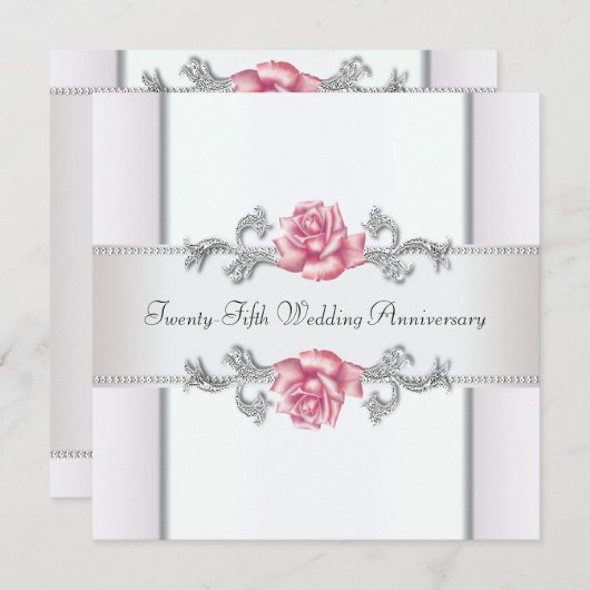 Roze rozen zilveren 25e trouwdag kaart (Voorkant / Achterkant)