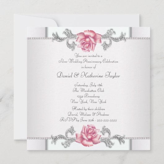 Roze rozen zilveren 25e trouwdag kaart (Achterkant)