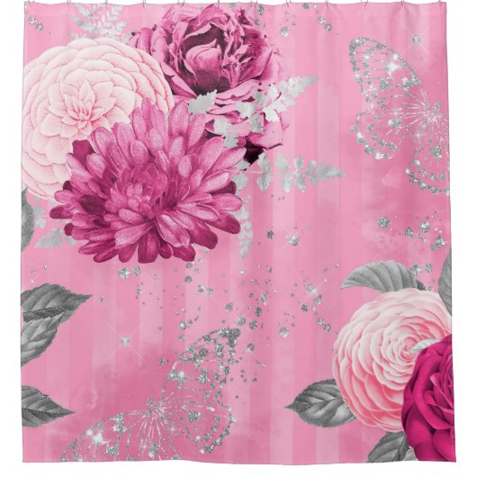 Roze Rozen Zilveren Glitter Vlinder Douchegordijn (Voorkant)