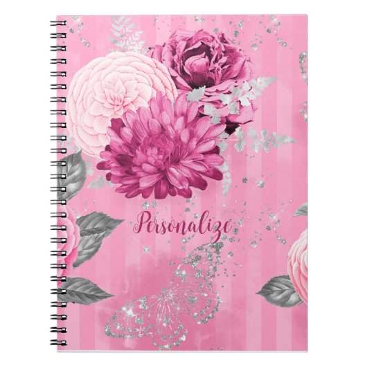  Roze Rozen Zilveren Glitter Vlinder Notitieboek (Voorkant)