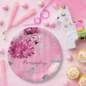 Roze Rozen Zilveren Glitter Vlinder Papieren Bordje (Feest)