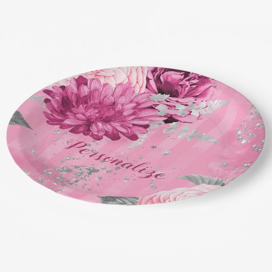 Roze Rozen Zilveren Glitter Vlinder Papieren Bordje (Gekanteld)