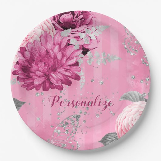 Roze Rozen Zilveren Glitter Vlinder Papieren Bordje (Voorkant)